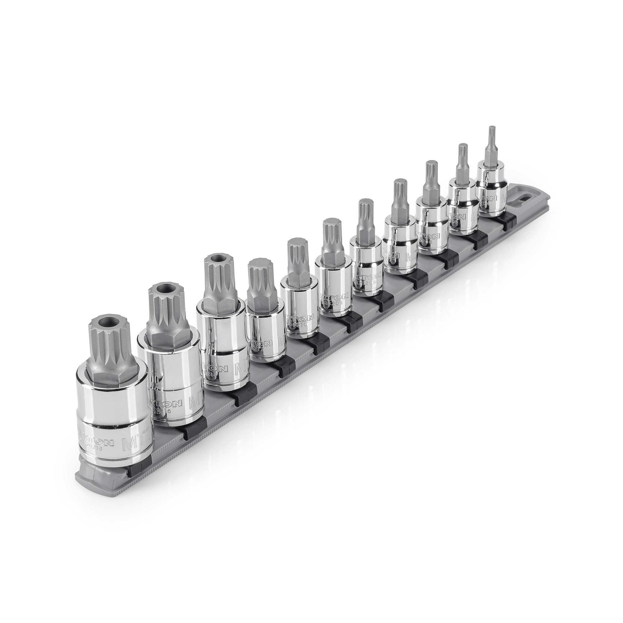 TEKTON 3/8 Inch Drive Triple Square and 1/2 Inch Drive TR Triple Square Bit Socket Set with Rail, 11-Piece (M4 - M12, MT14 - MT18) | SHB99100